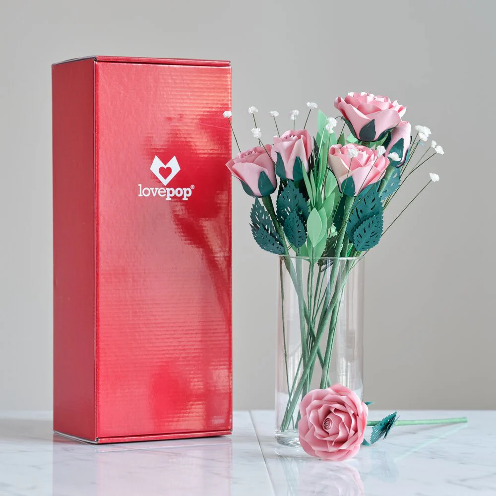 Handcrafted Paper Flowers: Pink Roses (6 Stems) with Monarch Butterfly Pop-Up Card - Image 5