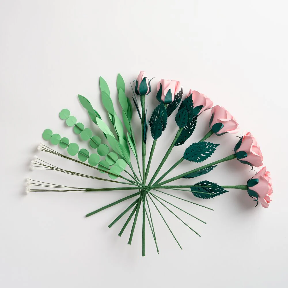 Handcrafted Paper Flowers: Pink Roses (6 Stems) with Monarch Butterfly Pop-Up Card - Image 6