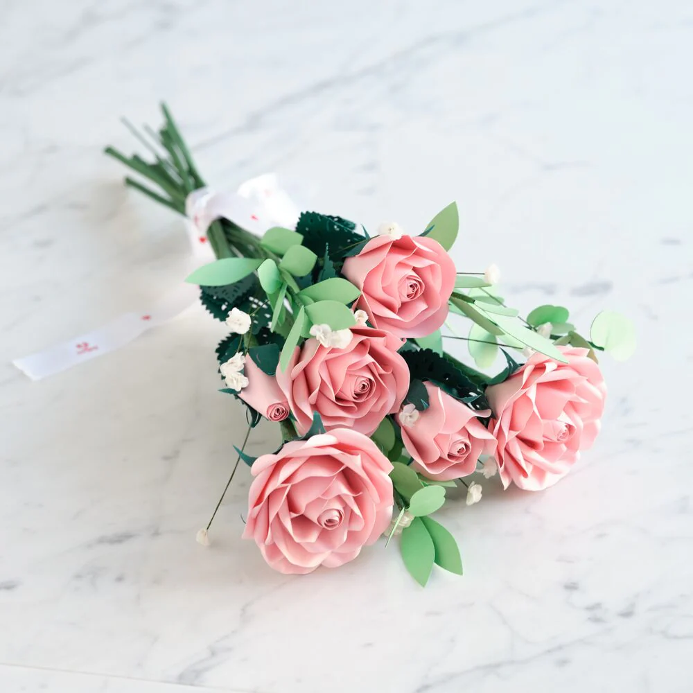 Handcrafted Paper Flowers: Pink Roses (6 Stems) with Monarch Butterfly Pop-Up Card - Image 7