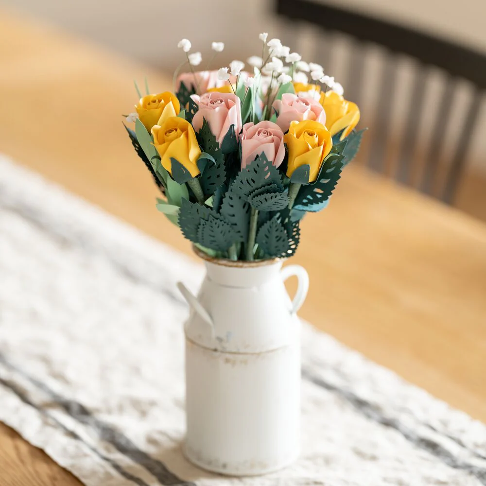 Handcrafted Paper Flowers: Pink & Yellow Roses (12 Stems) with Lovely Hummingbird Pop-Up Card - Image 2
