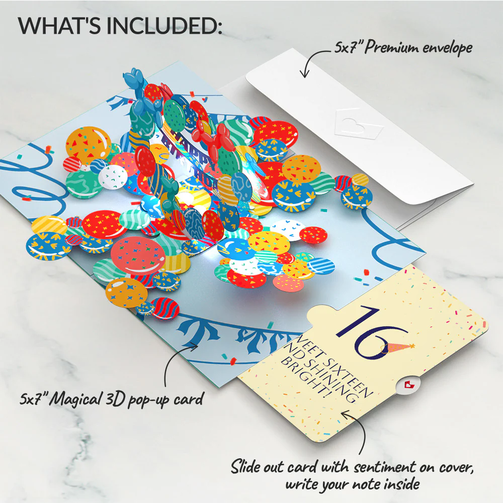 Happy 16th Birthday Balloons Music and Lights Pop-Up Card and Party Hat Sentiment Set - Image 2
