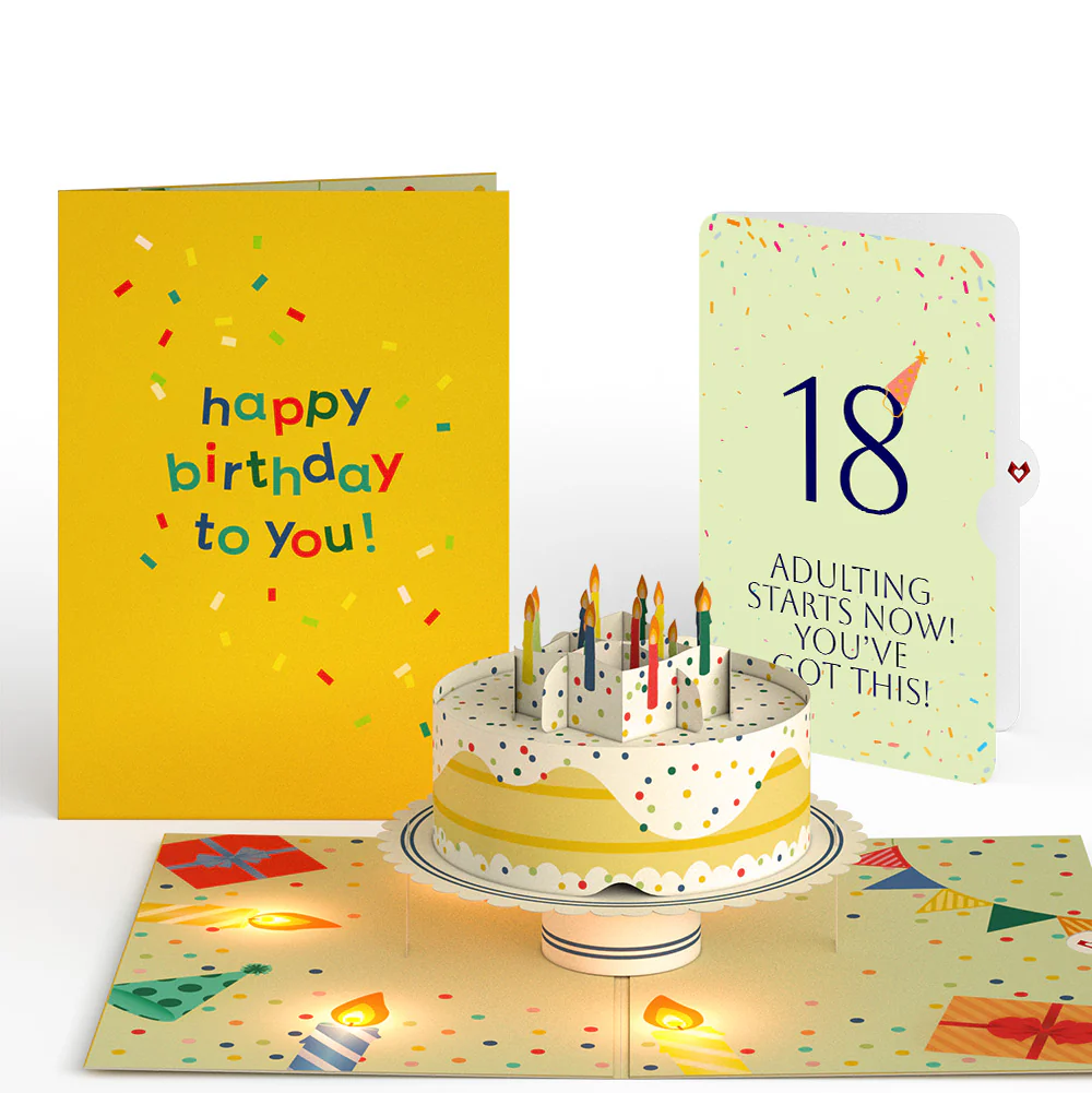 Happy 18th Birthday Confetti Cake Music and Lights Pop-Up Card and Party Hat Sentiment Set