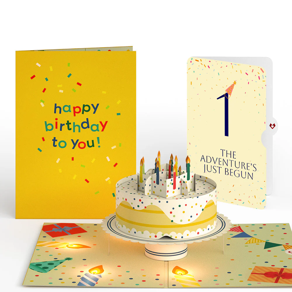 Happy 1st Birthday Confetti Cake Music and Lights Pop-Up Card and Party Hat Sentiment Set