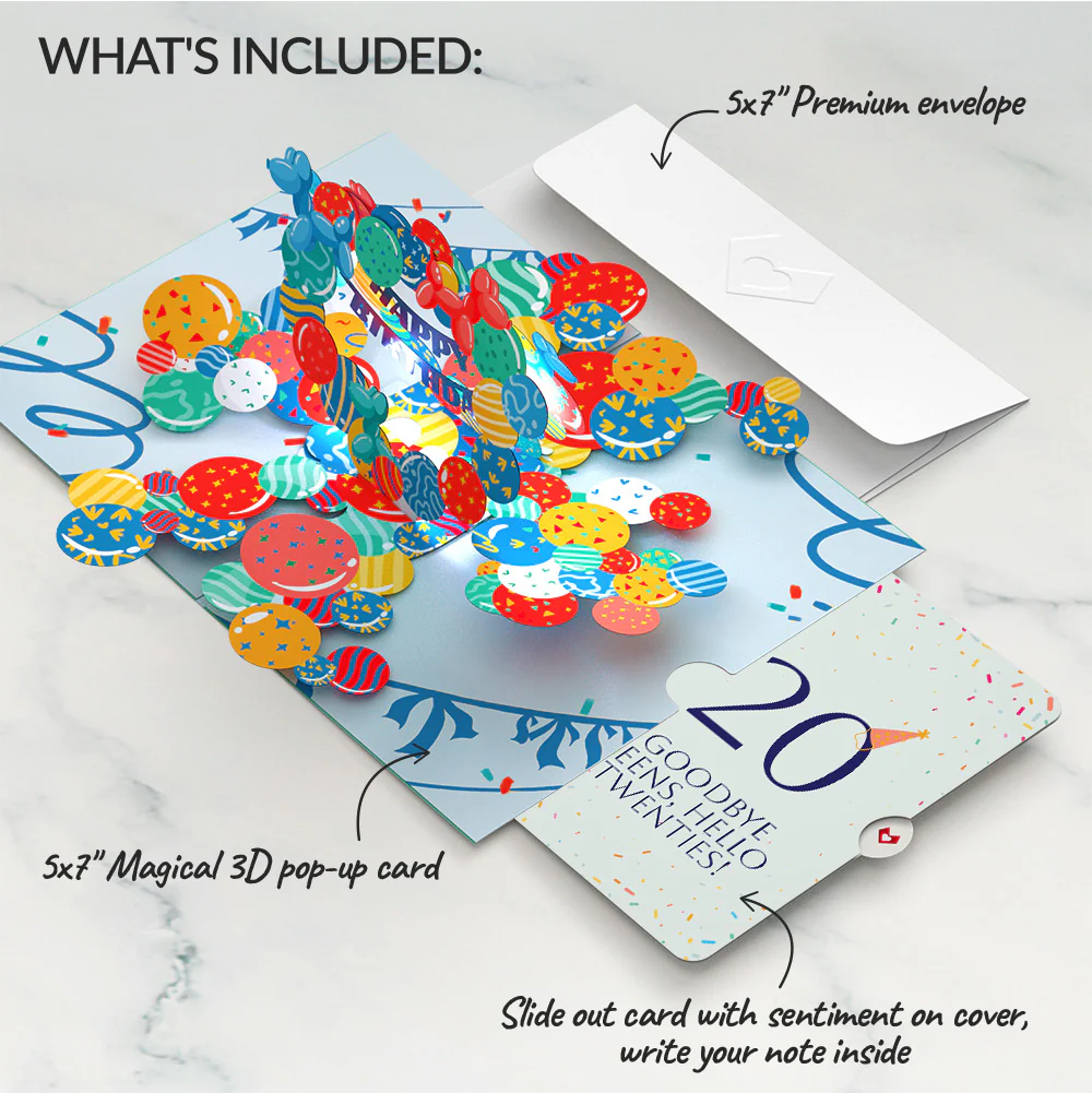 Happy 20th Birthday Balloons Music and Lights Pop-Up Card and Party Hat Sentiment Set - Image 2