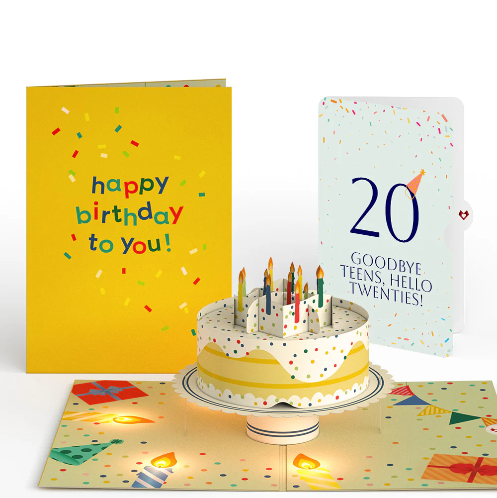 Happy 20th Birthday Confetti Cake Music and Lights Pop-Up Card and Party Hat Sentiment Set