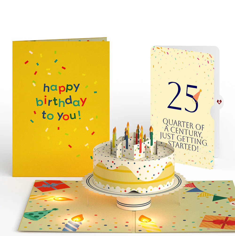 Happy 25th Birthday Confetti Cake Music and Lights Pop-Up Card and Party Hat Sentiment Set