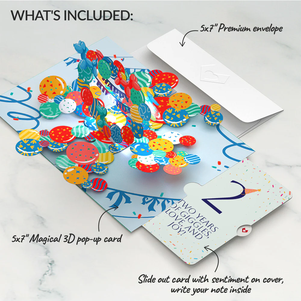 Happy 2nd Birthday Balloons Music and Lights Pop-Up Card and Party Hat Sentiment Set - Image 2