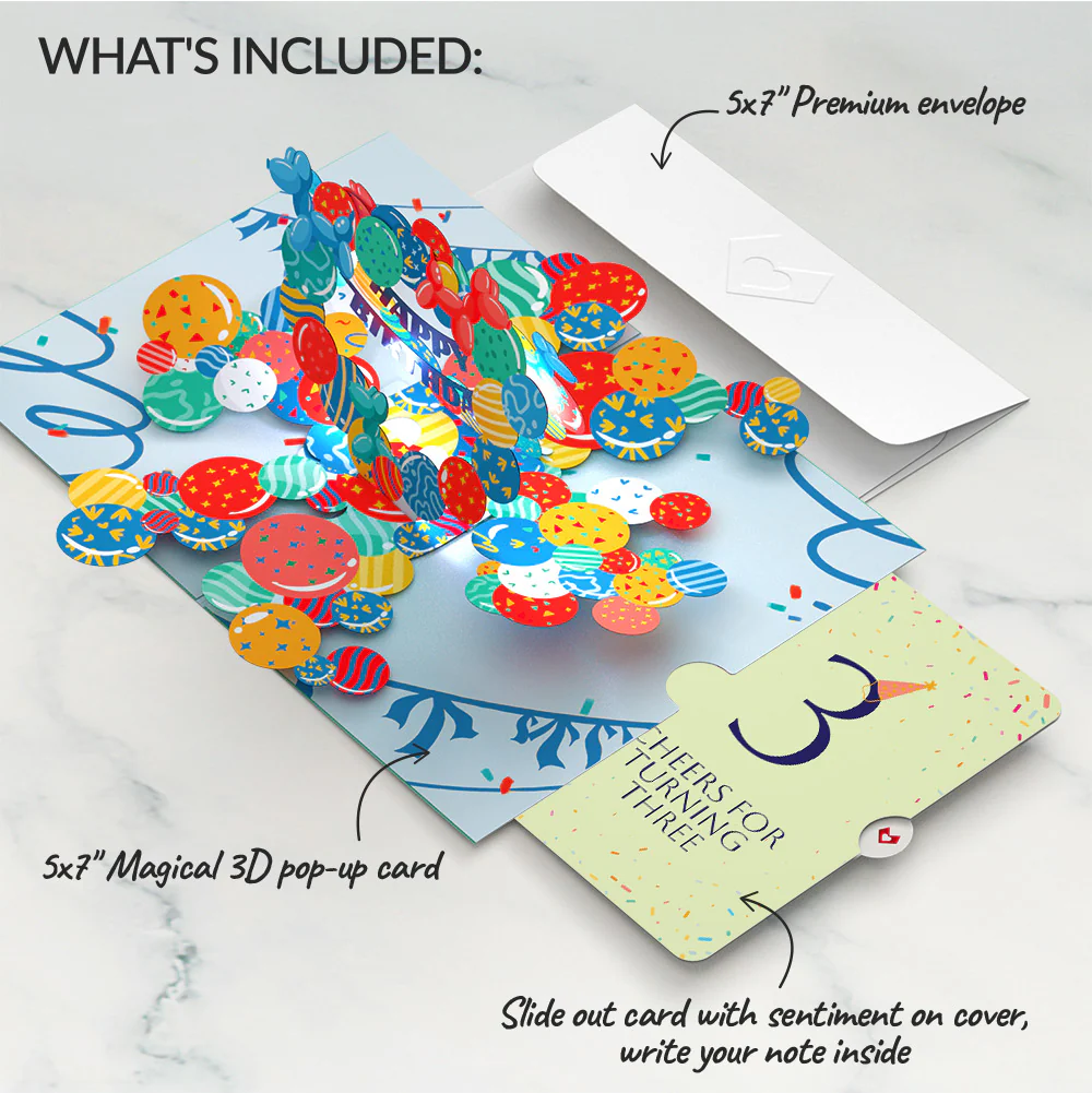 Happy 3rd Birthday Balloons Music and Lights Pop-Up Card and Party Hat Sentiment Set - Image 2