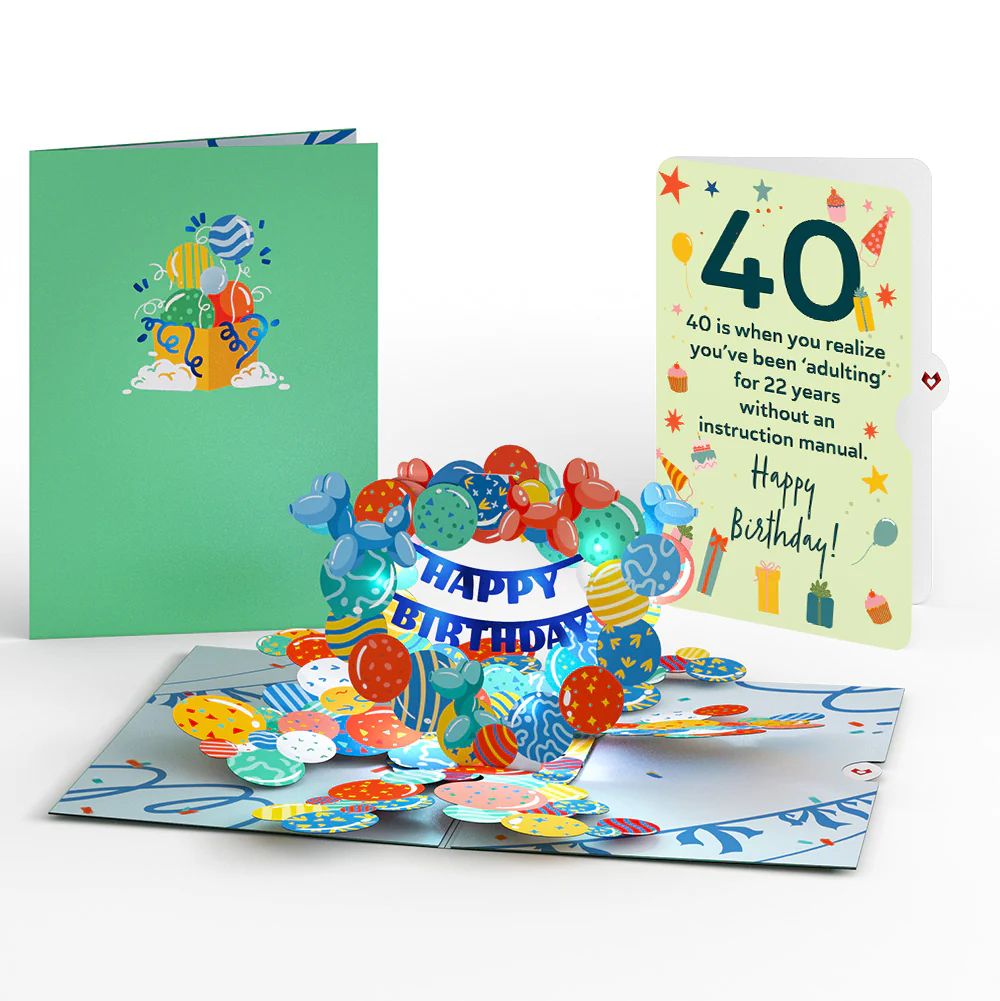Happy 40th Birthday Balloons Music and Lights Pop-Up Card and Sentiment Set