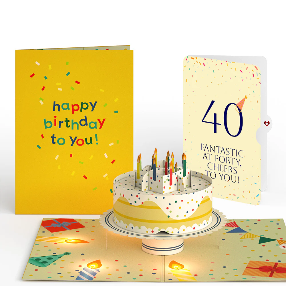 Happy 40th Birthday Confetti Cake Music and Lights Pop-Up Card and Party Hat Sentiment Set