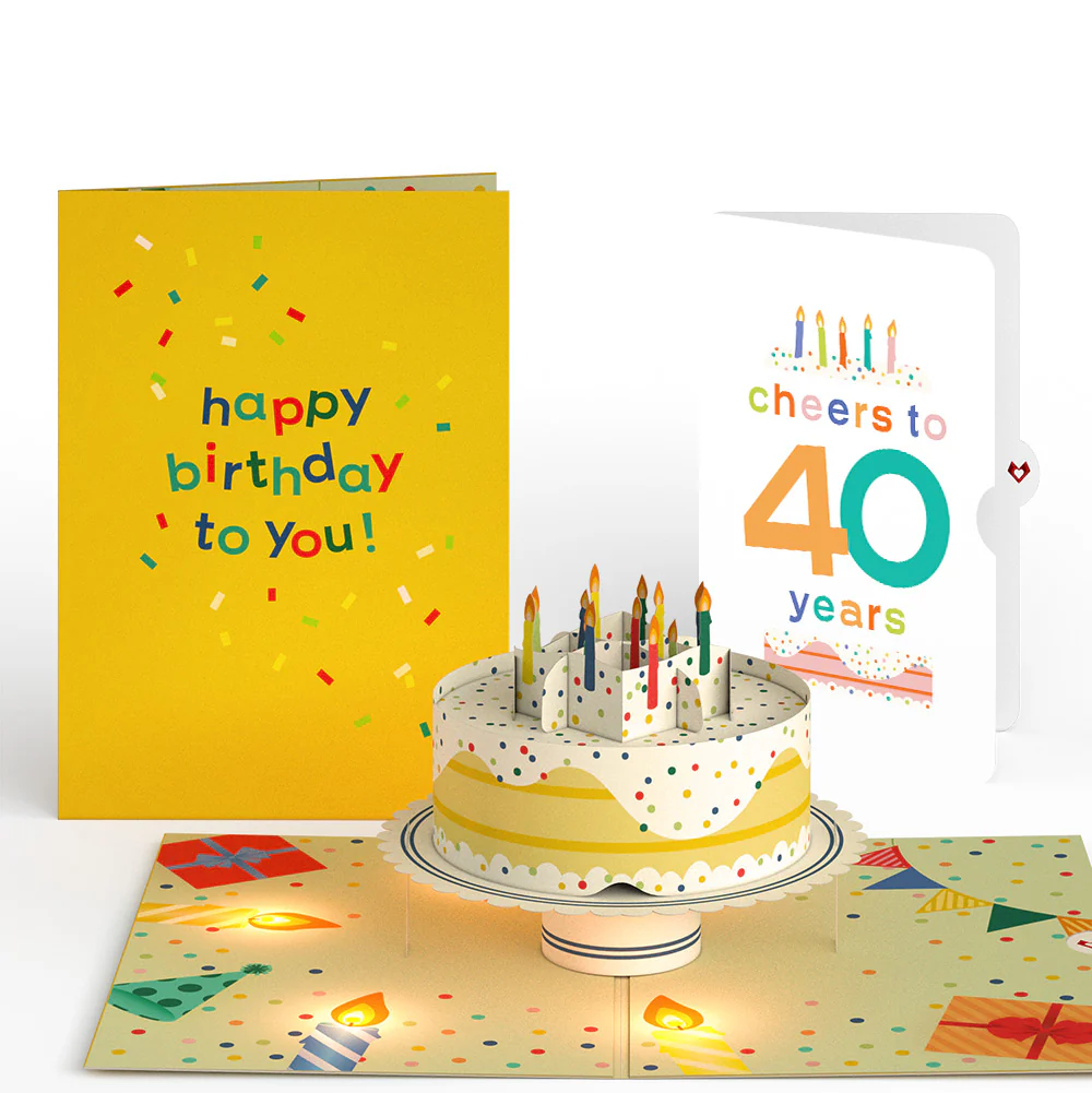 Happy Birthday Confetti Cake Music and Lights Pop-Up Card and Cheers to 40th Years Sentiment Set