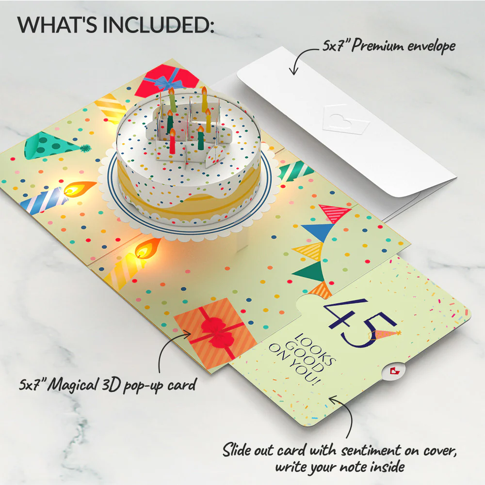 Happy 45th Birthday Confetti Cake Music and Lights Pop-Up Card and Party Hat Sentiment Set - Image 2