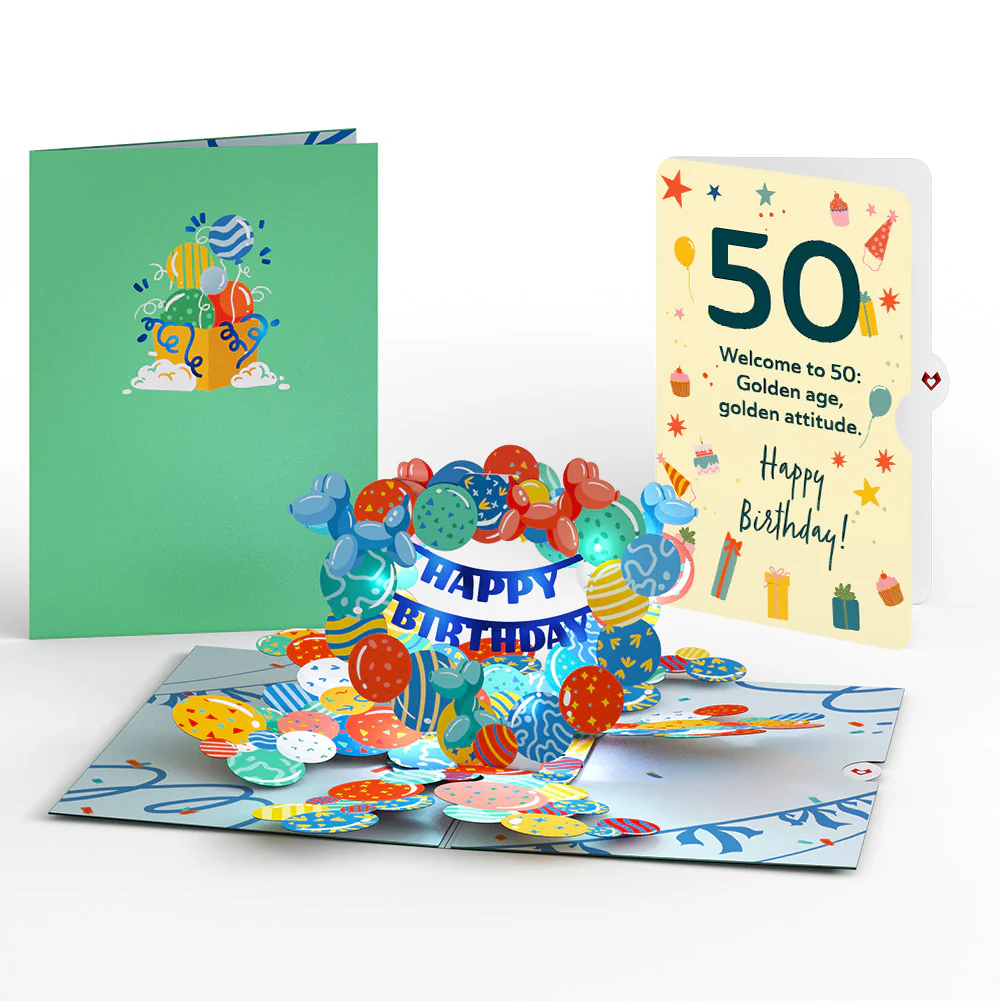 Happy 50th Birthday Balloons Music and Lights Pop-Up Card and Sentiment Set