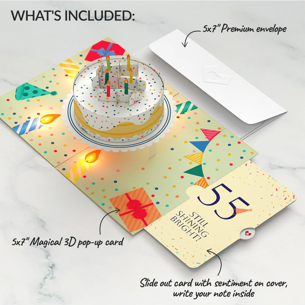 Happy 55th Birthday Confetti Cake Music and Lights Pop-Up Card and Party Hat Sentiment Set - Image 2