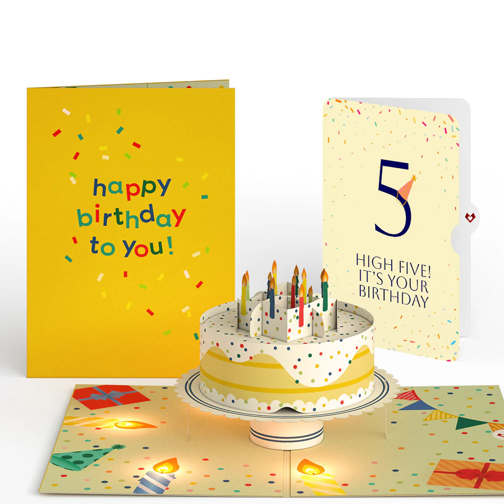 Happy 5th Birthday Confetti Cake Music and Lights Pop-Up Card and Party Hat Sentiment Set