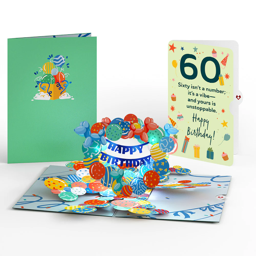 Happy 60th Birthday Balloons Music and Lights Pop-Up Card and Sentiment Set