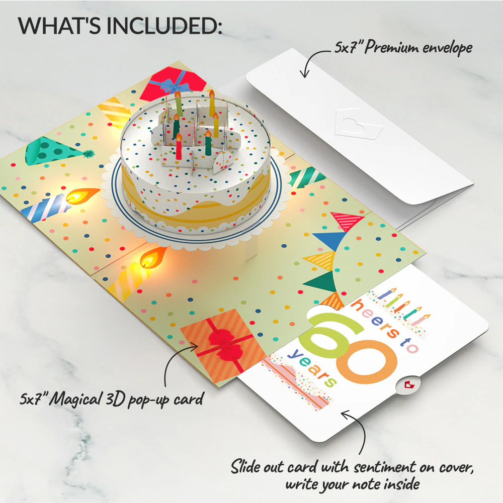 Happy Birthday Confetti Cake Music and Lights Pop-Up Card and Cheers to 60th Years Sentiment Set - Image 2