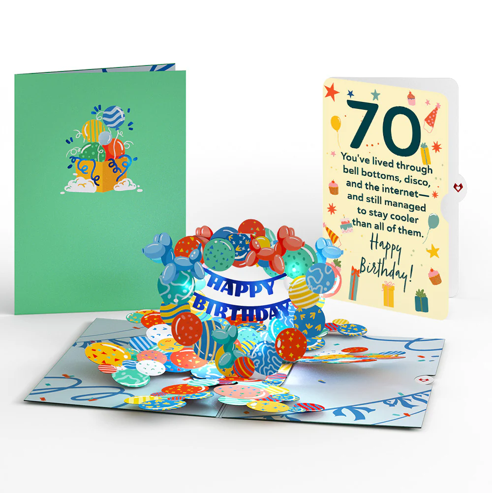 Happy 70th Birthday Balloons Music and Lights Pop-Up Card and Sentiment Set