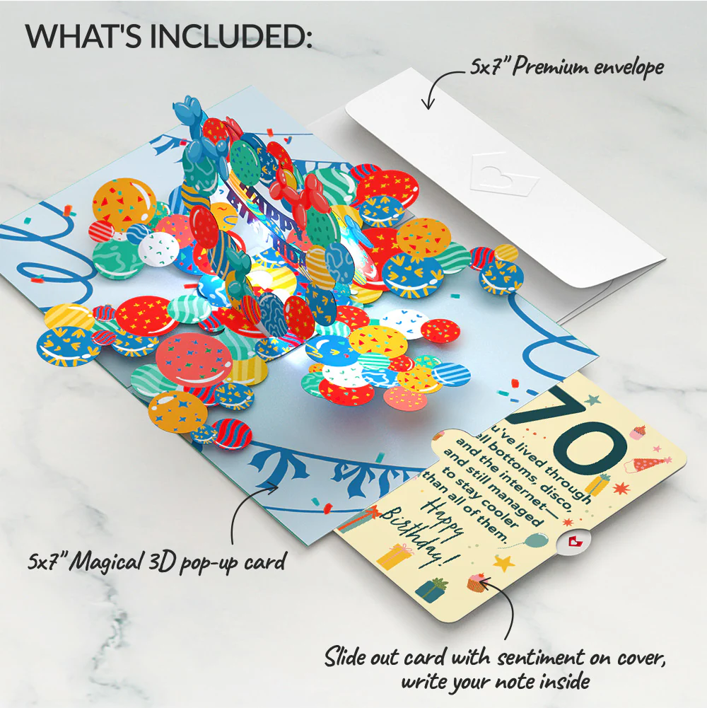 Happy 70th Birthday Balloons Music and Lights Pop-Up Card and Sentiment Set - Image 2