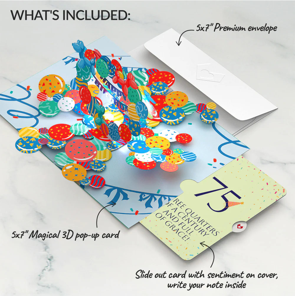 Happy 75th Birthday Balloons Music and Lights Pop-Up Card and Party Hat Sentiment Set - Image 2