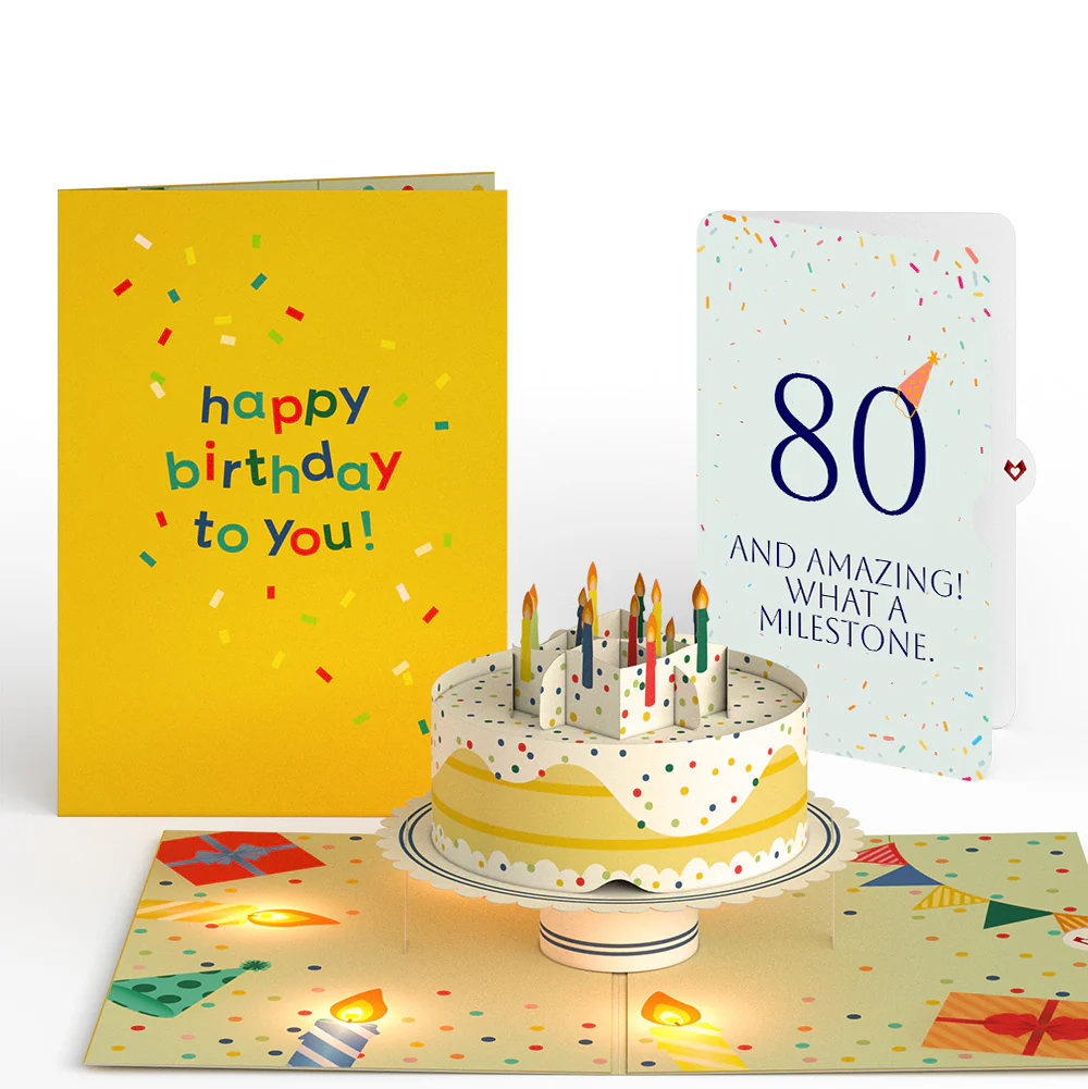Happy 80th Birthday Confetti Cake Music and Lights Pop-Up Card and Party Hat Sentiment Set