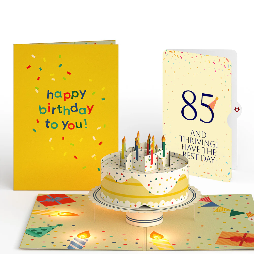 Happy 85th Birthday Confetti Cake Music and Lights Pop-Up Card and Party Hat Sentiment Set