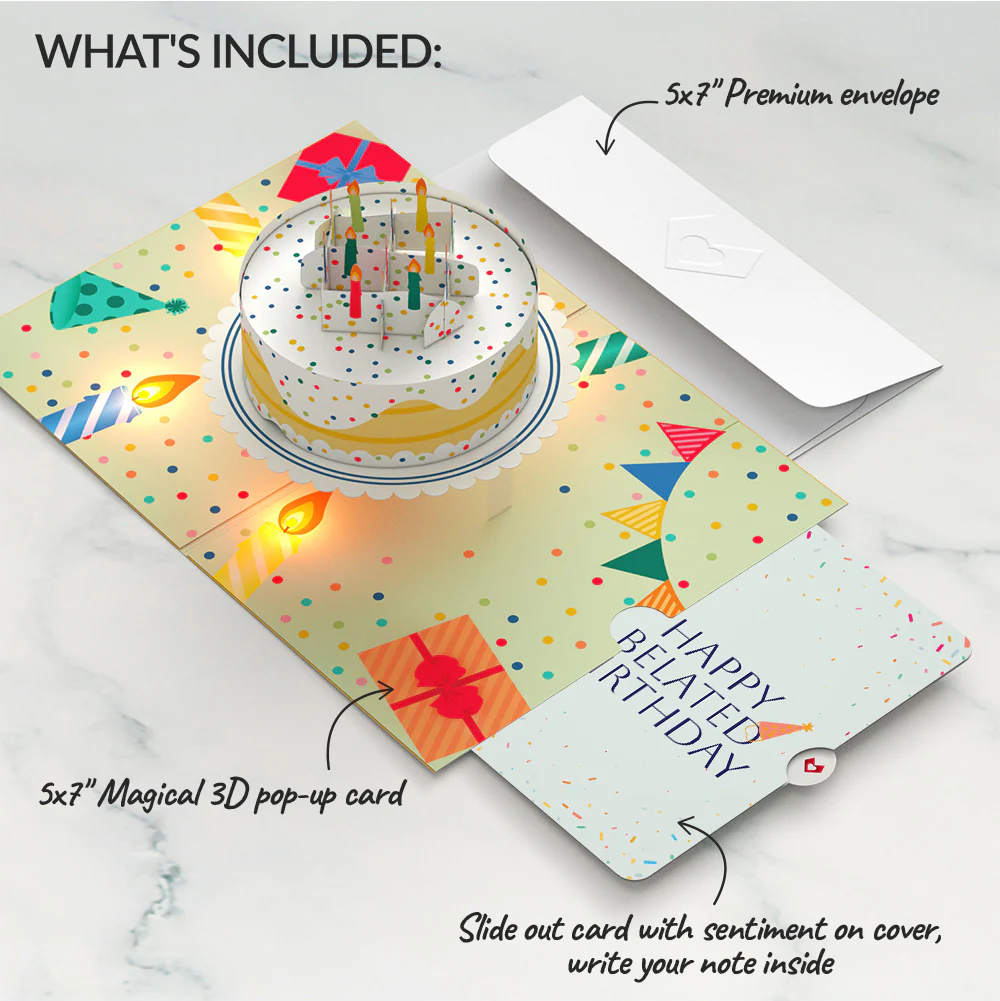 Happy Belated Birthday Confetti Cake Music and Lights Pop-Up Card and Sentiment Set - Image 2