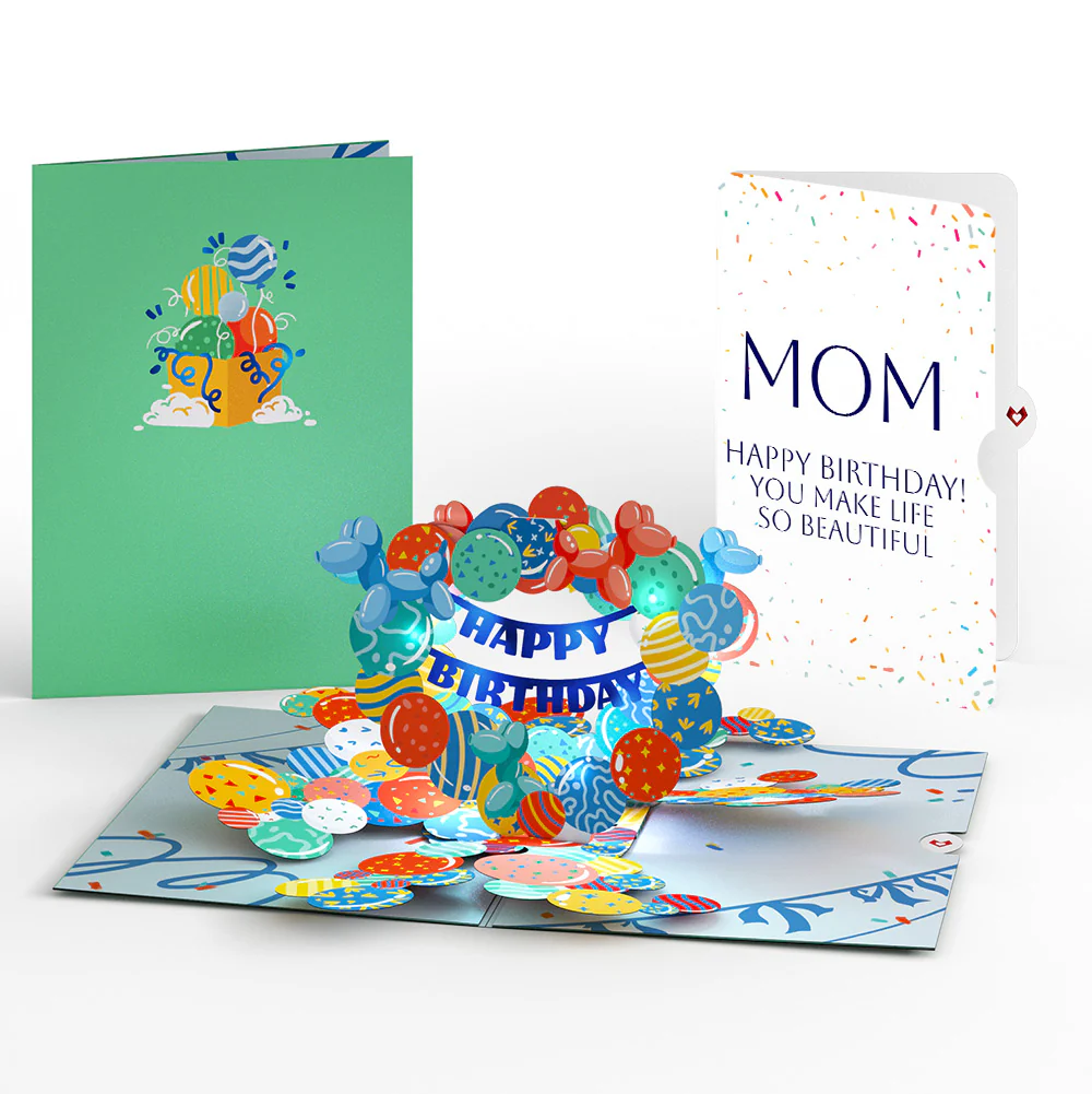 Happy Birthday Balloons Music and Lights Pop-Up Card and Beautiful Life Sentiment Set for Mom