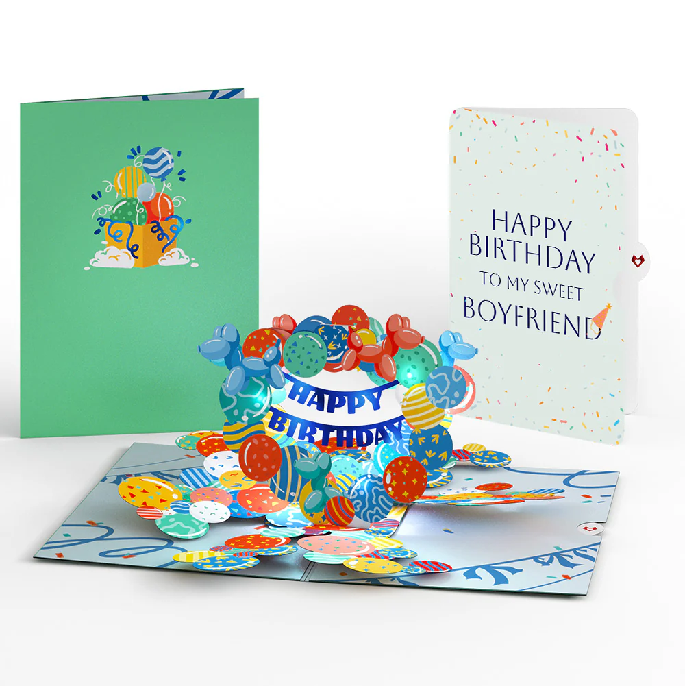 Happy Birthday Balloons Music and Lights Pop-Up Card and Sentiment Set for Boyfriend