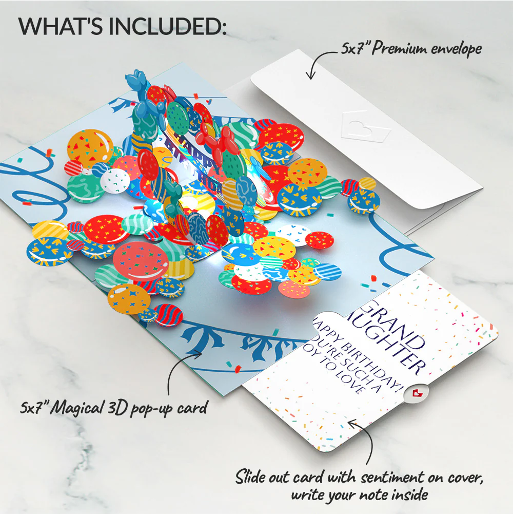 Happy Birthday Balloons Music and Lights Pop-Up Card and Sentiment Set for Granddaughter - Image 2