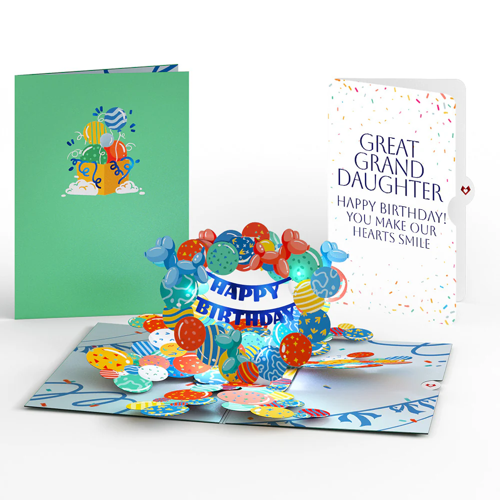 Happy Birthday Balloons Music and Lights Pop-Up Card and Sentiment Set for Great Granddaughter