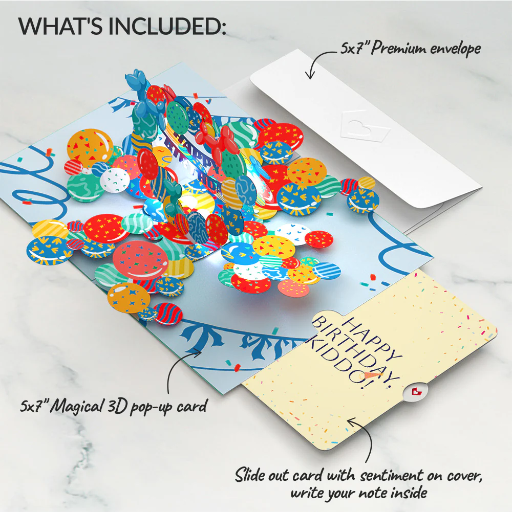 Happy Birthday Balloons Music and Lights Pop-Up Card and Sentiment Set for Kid - Image 2