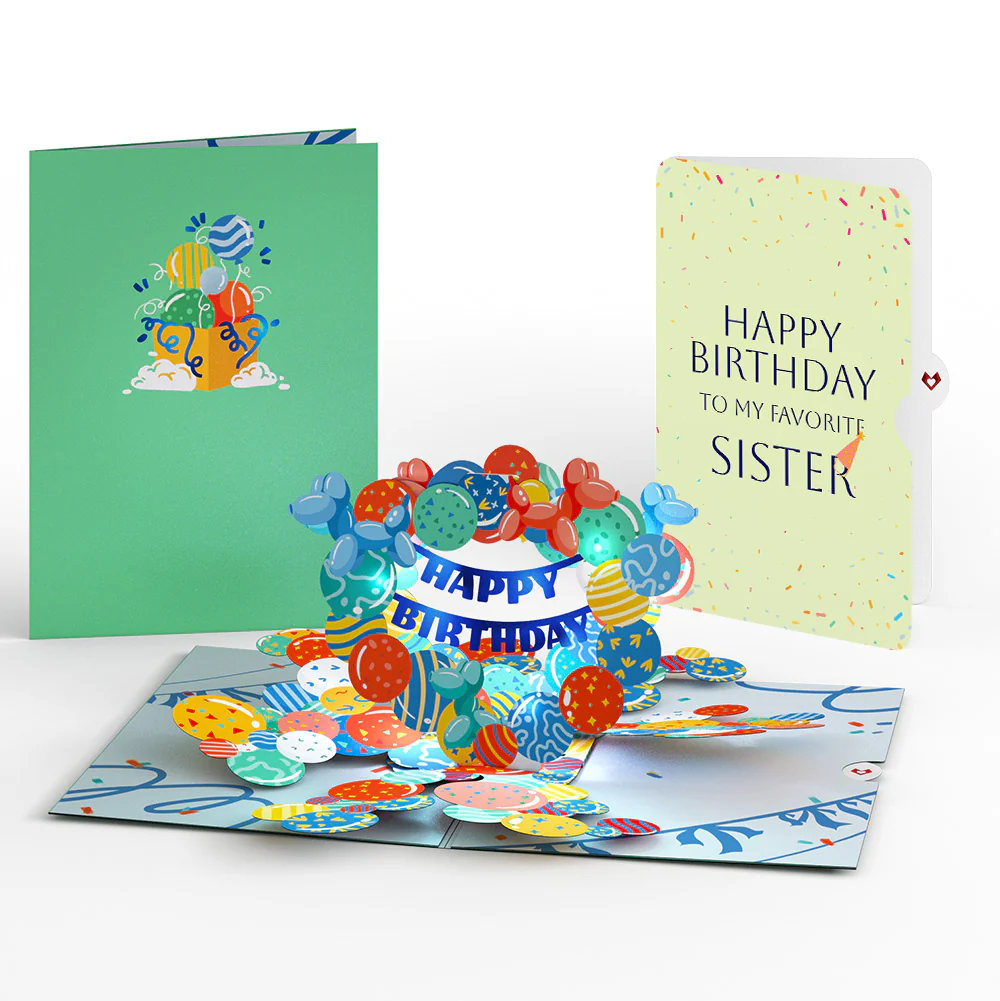 Happy Birthday Balloons Music and Lights Pop-Up Card and Sentiment Set for Sister