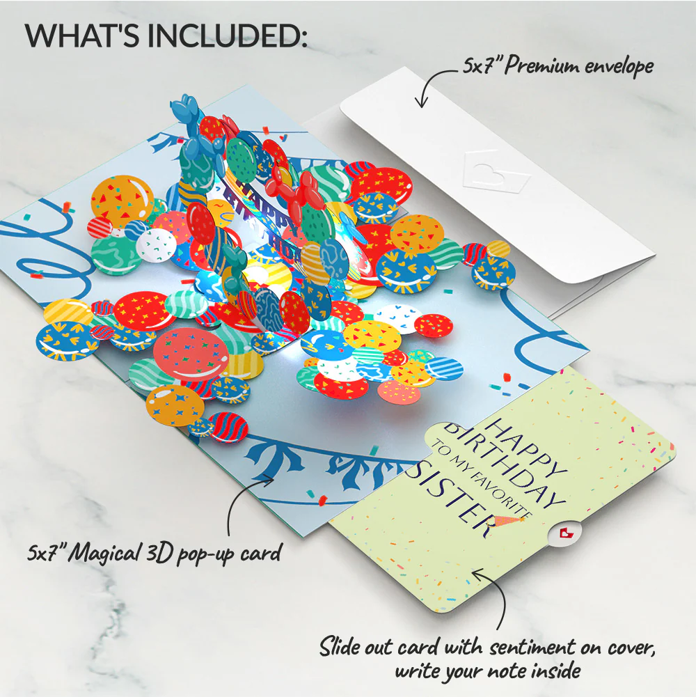 Happy Birthday Balloons Music and Lights Pop-Up Card and Sentiment Set for Sister - Image 2