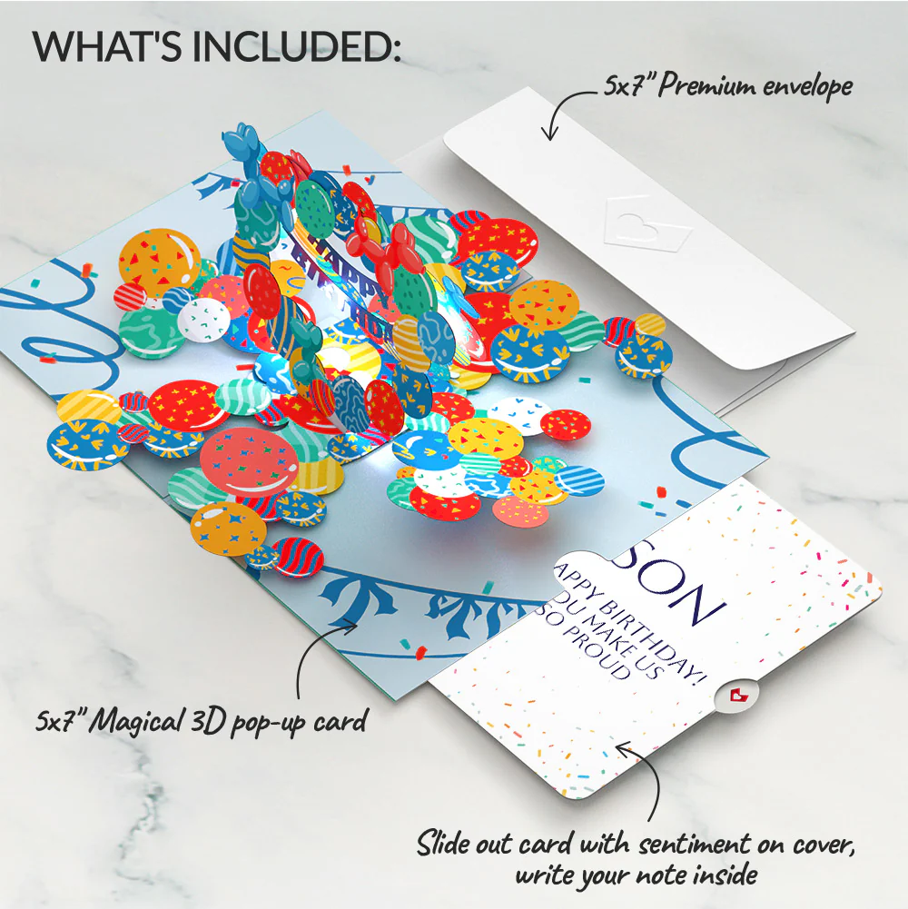 Happy Birthday Balloons Music and Lights Pop-Up Card and Sentiment Set for Son - Image 2