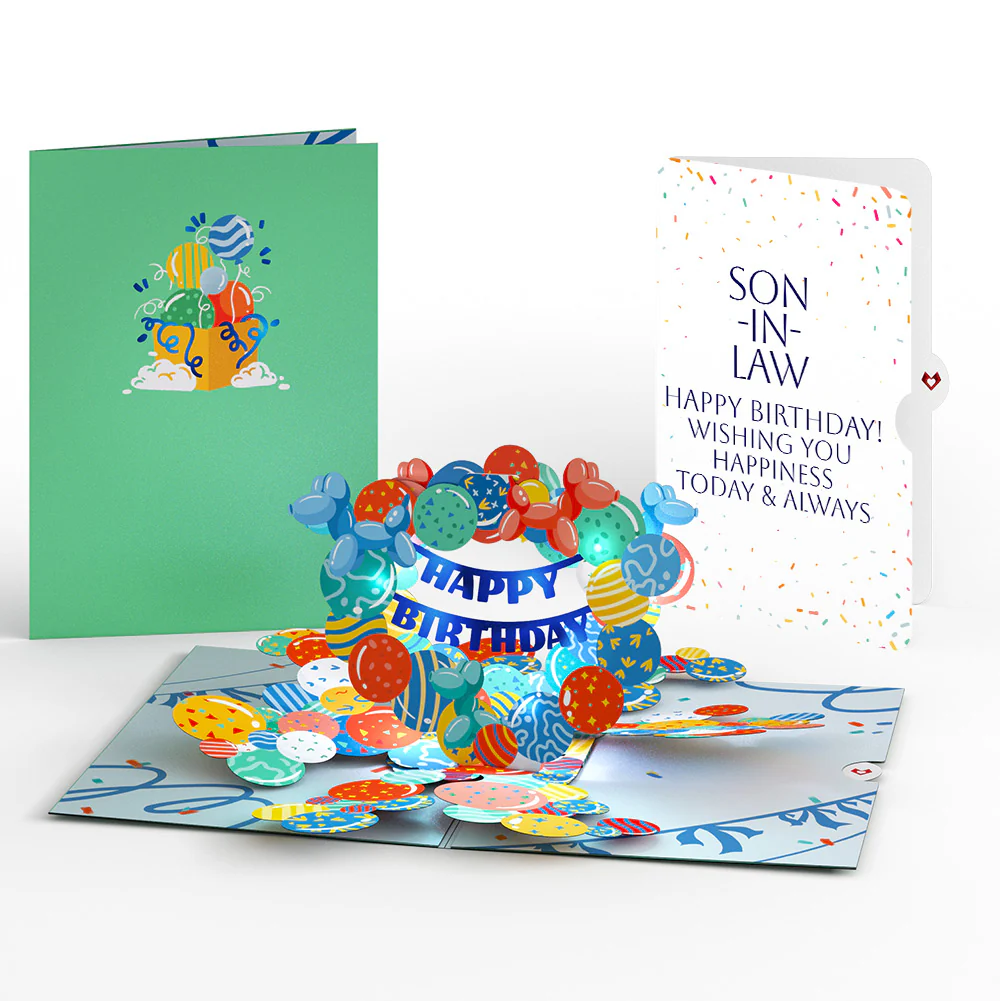 Happy Birthday Balloons Music and Lights Pop-Up Card and Sentiment Set for Son-in-law