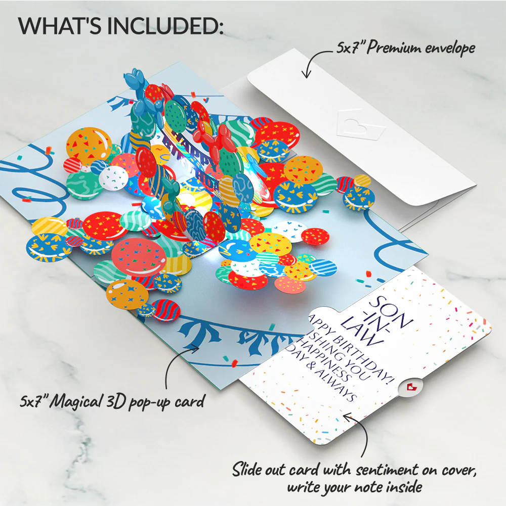 Happy Birthday Balloons Music and Lights Pop-Up Card and Sentiment Set for Son-in-law - Image 2