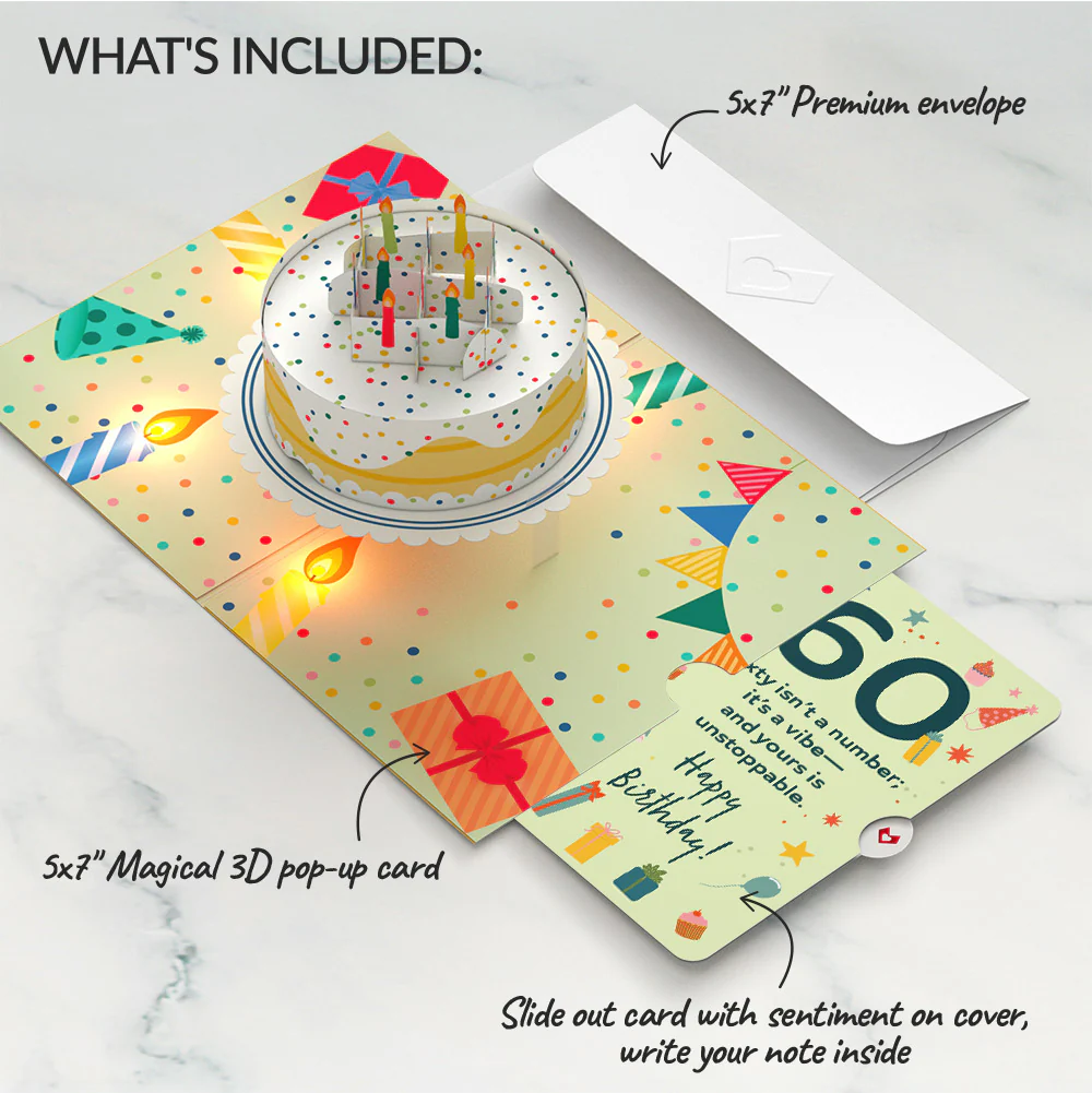 Happy 60th Birthday Confetti Cake Music and Lights Pop-Up Card and Sentiment Set - Image 2