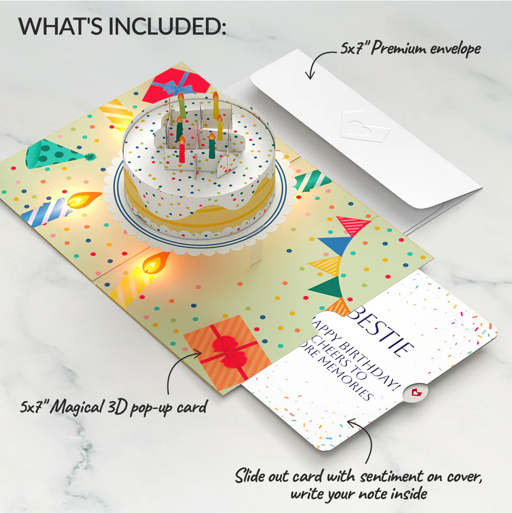 Happy Birthday Confetti Cake Music and Lights Pop-Up Card and Sentiment Set for Bestie - Image 2