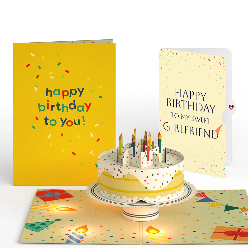 Happy Birthday Confetti Cake Music and Lights Pop-Up Card and Sentiment Set for Girlfriend