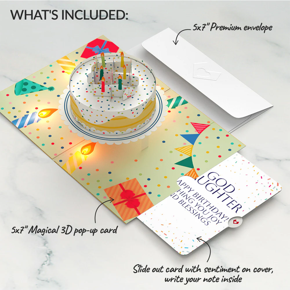 Happy Birthday Confetti Cake Music and Lights Pop-Up Card and Sentiment Set for Goddaughter - Image 2