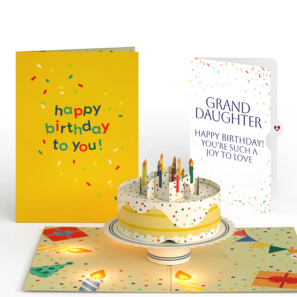 Happy Birthday Confetti Cake Music and Lights Pop-Up Card and Sentiment Set for Granddaughter