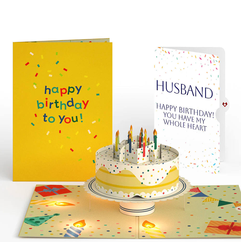 Happy Birthday Confetti Cake Music and Lights Pop-Up Card and Sentiment Set for Husband