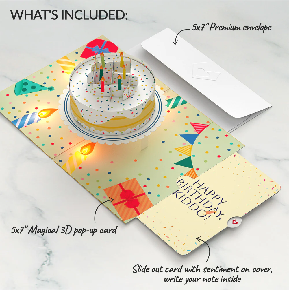 Happy Birthday Confetti Cake Music and Lights Pop-Up Card and Sentiment Set for Kid - Image 2