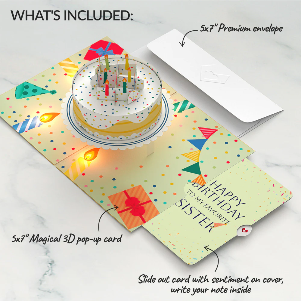 Happy Birthday Confetti Cake Music and Lights Pop-Up Card and Sentiment Set for Sister - Image 2