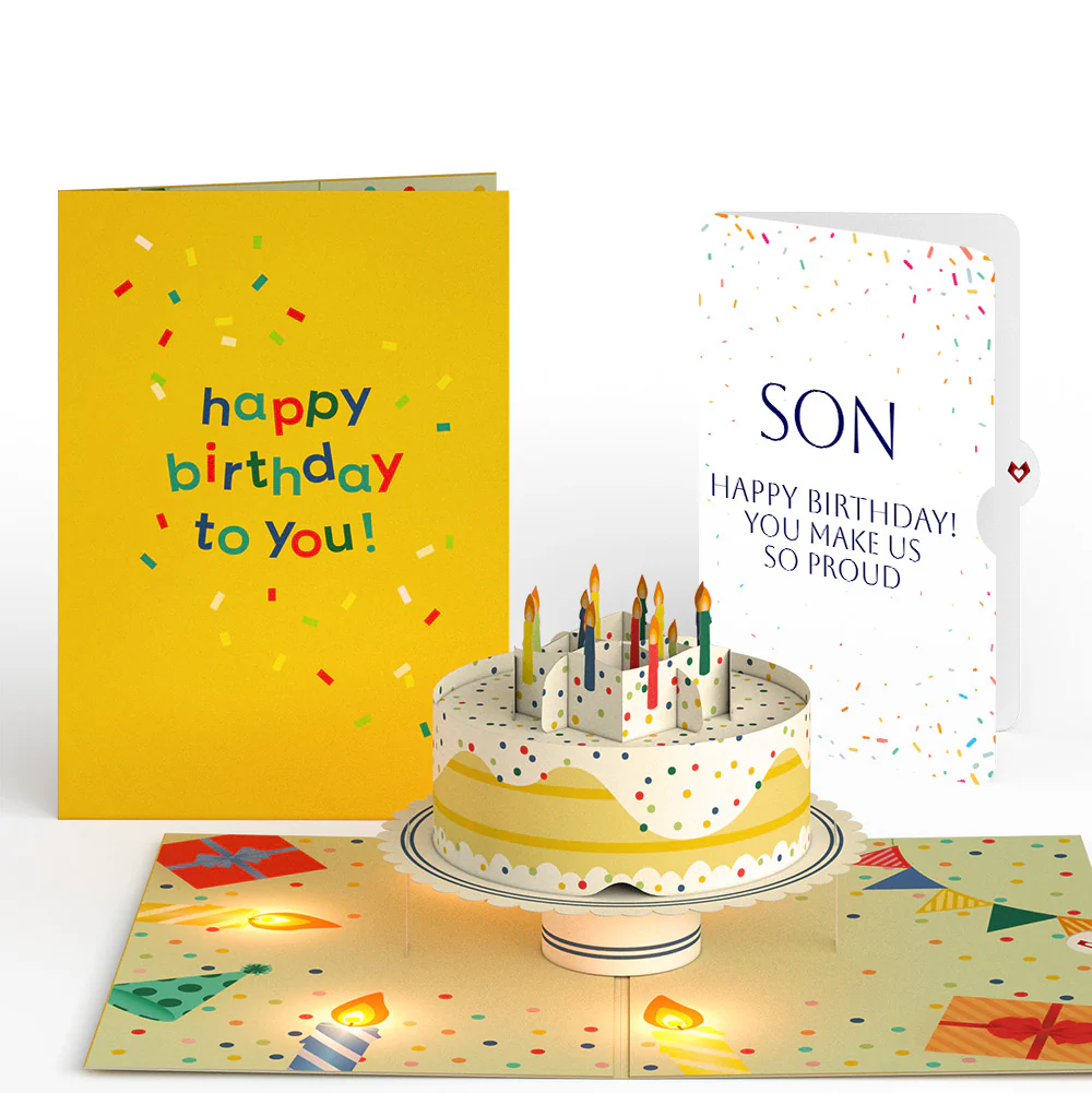Happy Birthday Confetti Cake Music and Lights Pop-Up Card and Sentiment Set for Son