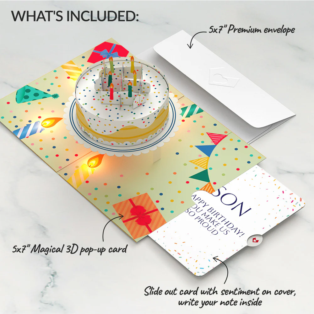 Happy Birthday Confetti Cake Music and Lights Pop-Up Card and Sentiment Set for Son - Image 2