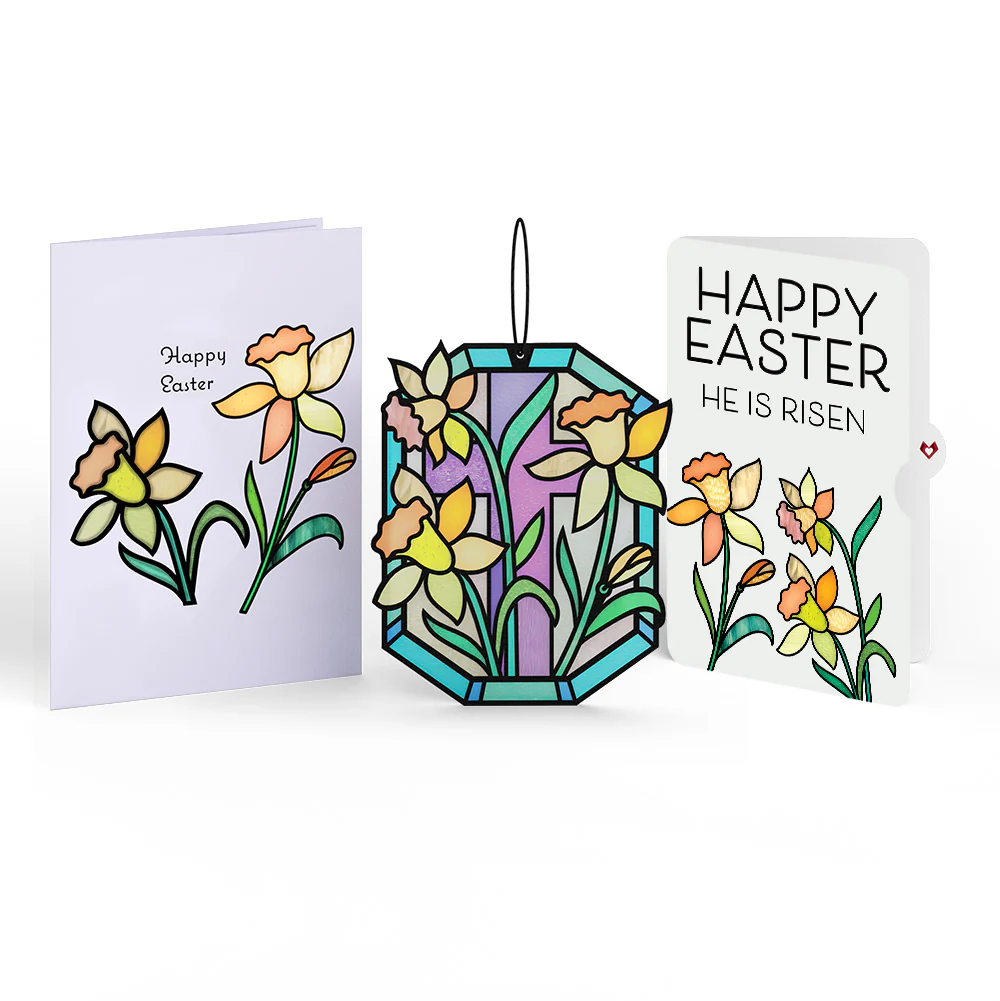 Happy Easter Daffodil Easter Suncatcher Card and Garden Blooms He Is Risen Sentiment Set