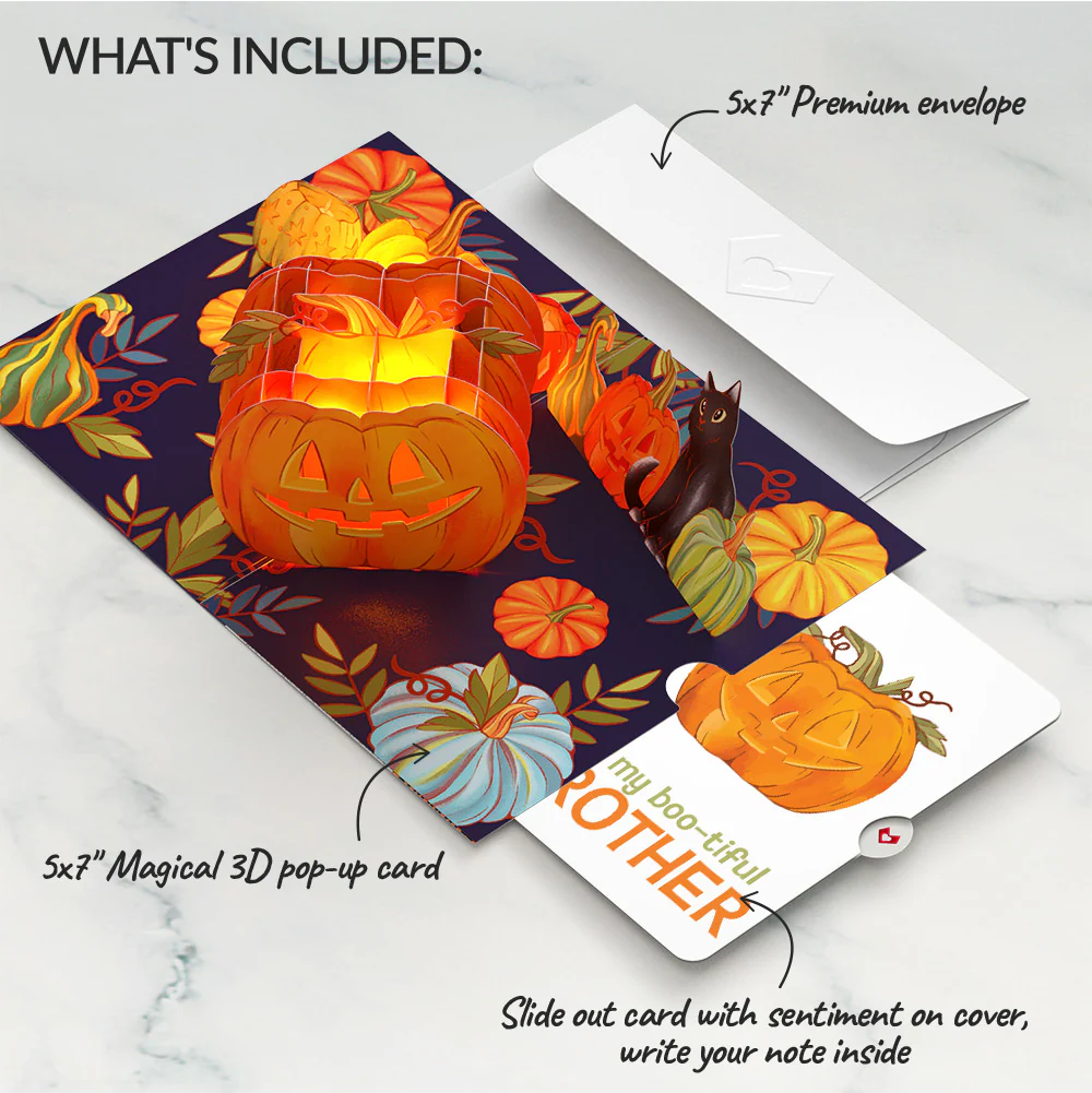 Happy Halloween Pumpkin Light-Up Pop-Up Card and Sentiment Set for Brother - Image 2