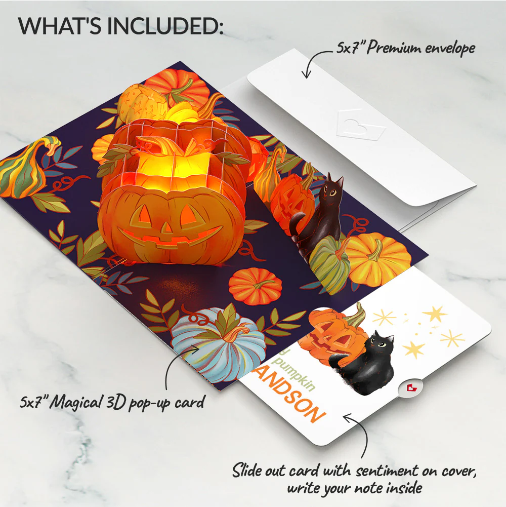 Happy Halloween Pumpkin Light-Up Pop-Up Card and Sentiment Set for Grandson - Image 2